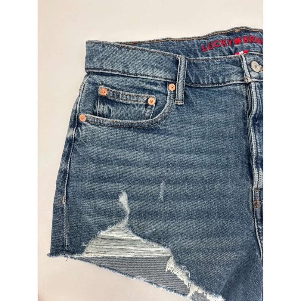 Lucky Brand Mom High Rise Short Womens 10/30 Blue Distressed Denim‎ Frayed Hem